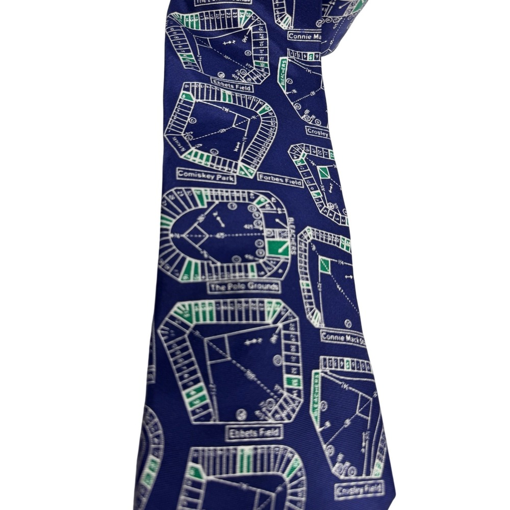 Josh Bach Mens Silk Tie Navy Blue Vintage Baseball Stadium Blueprints